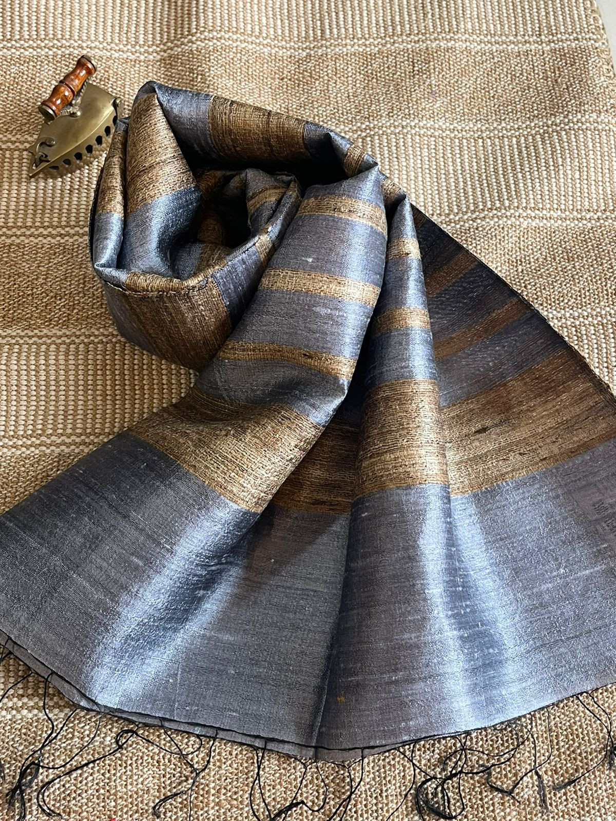 Vibrant pure Raw Silk Stole - striped - Steel Grey