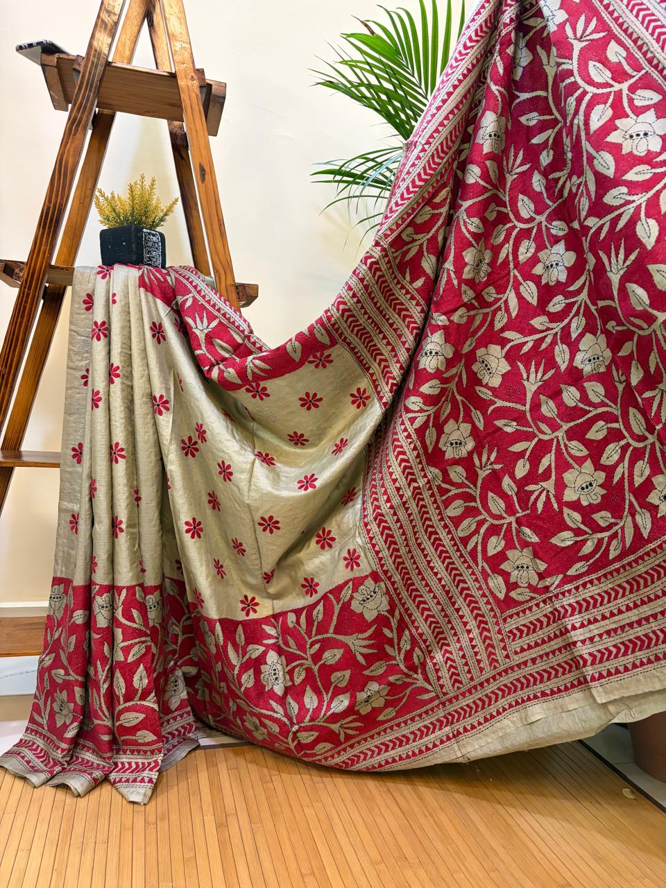 Silver Beige Tussar Silk Saree with Hand Reverse Kantha Embroidery
