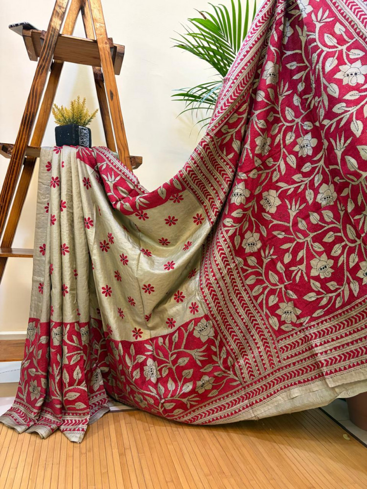 Image of Silver Beige Tussar Silk Saree with Hand Reverse Kantha Embroidery