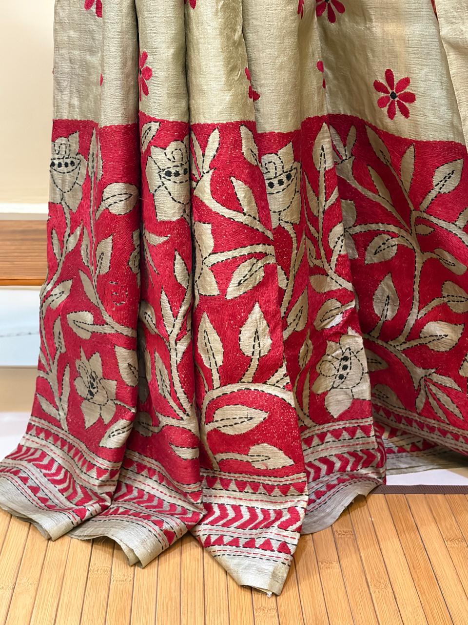 Silver Beige Tussar Silk Saree with Hand Reverse Kantha Embroidery