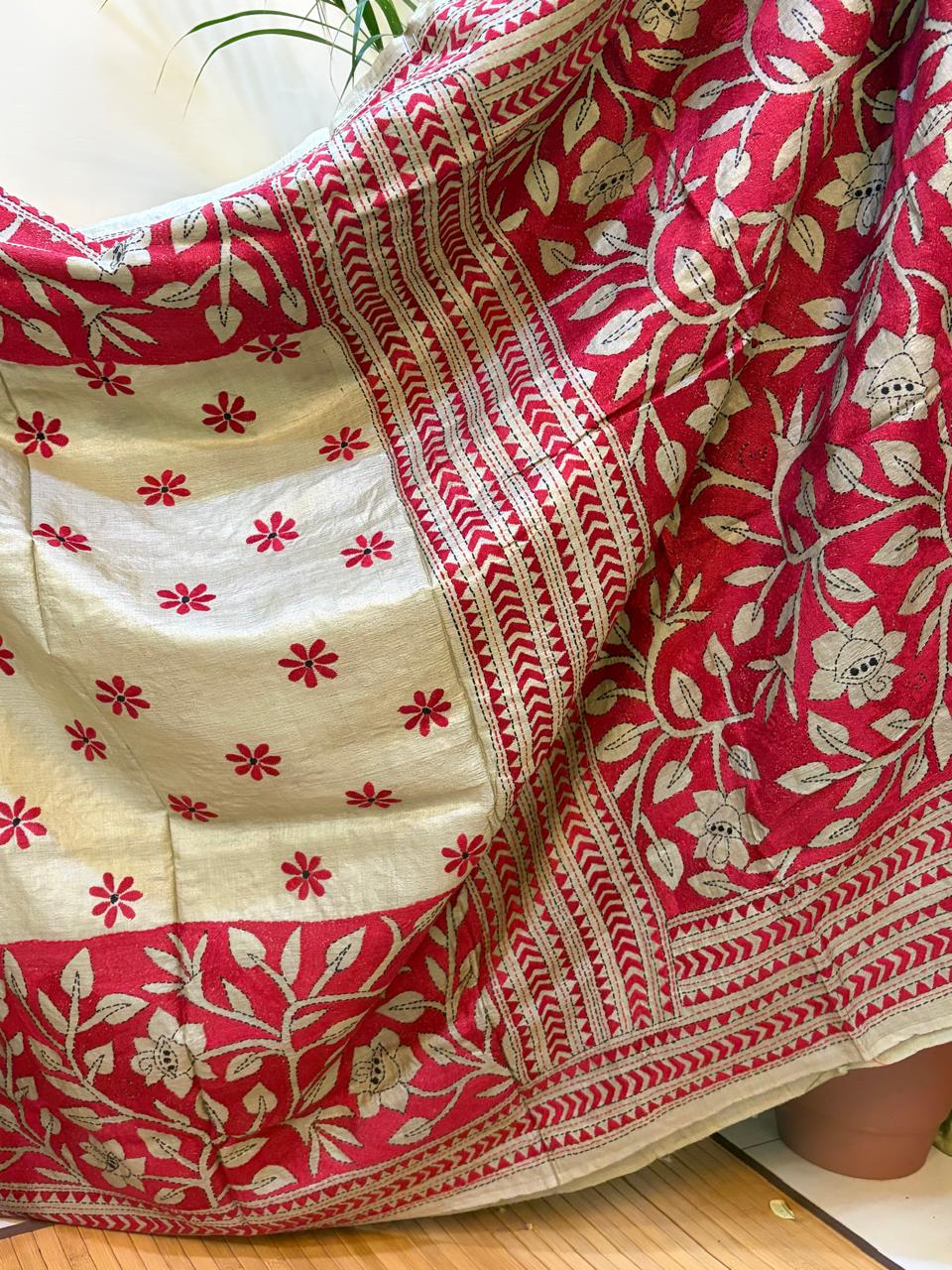 Silver Beige Tussar Silk Saree with Hand Reverse Kantha Embroidery