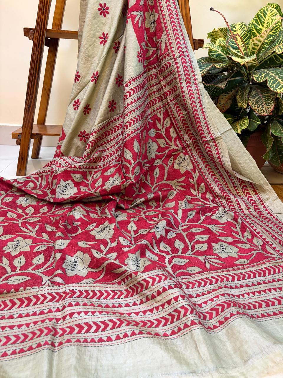 Silver Beige Tussar Silk Saree with Hand Reverse Kantha Embroidery