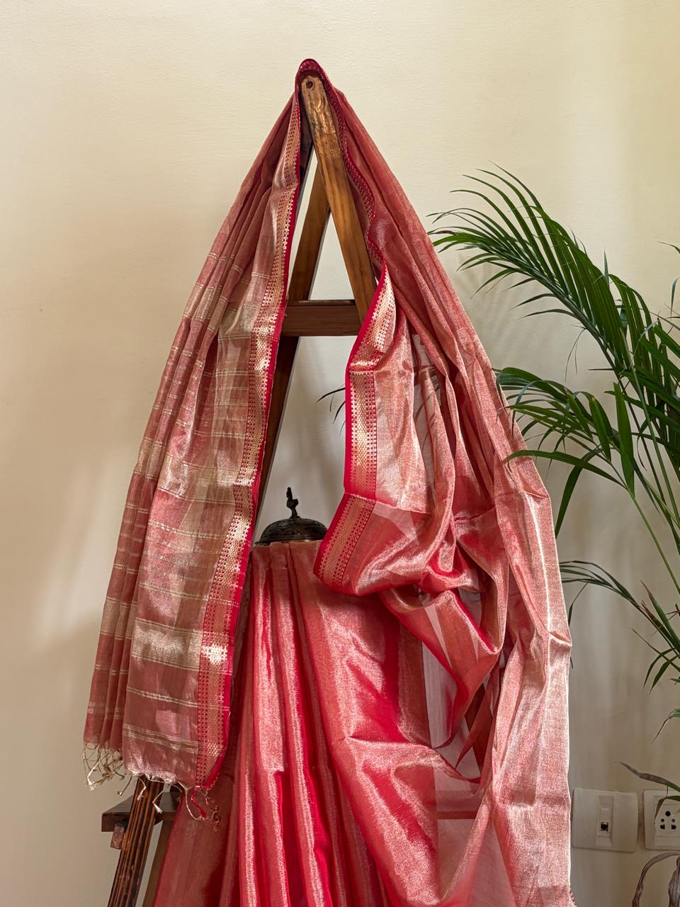 Ruhani Coral Pink and Rose-Gold Handwoven Maheshwari Tissue Saree