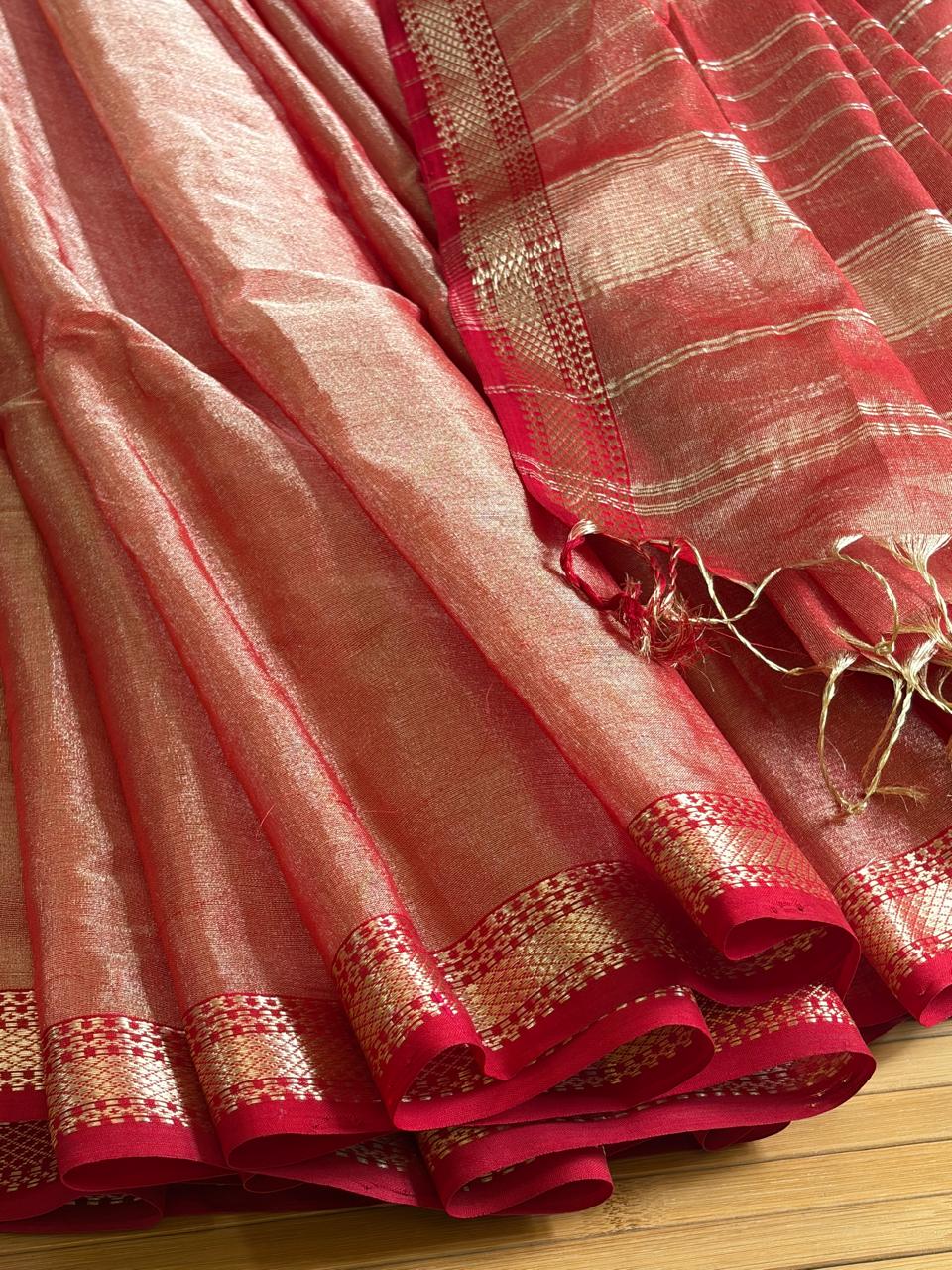 Ruhani Coral Pink and Rose-Gold Handwoven Maheshwari Tissue Saree