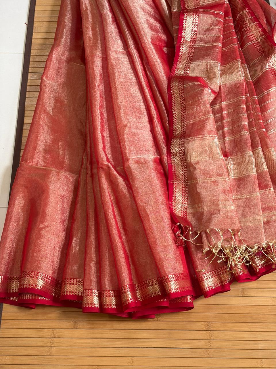 Ruhani Coral Pink and Rose-Gold Handwoven Maheshwari Tissue Saree