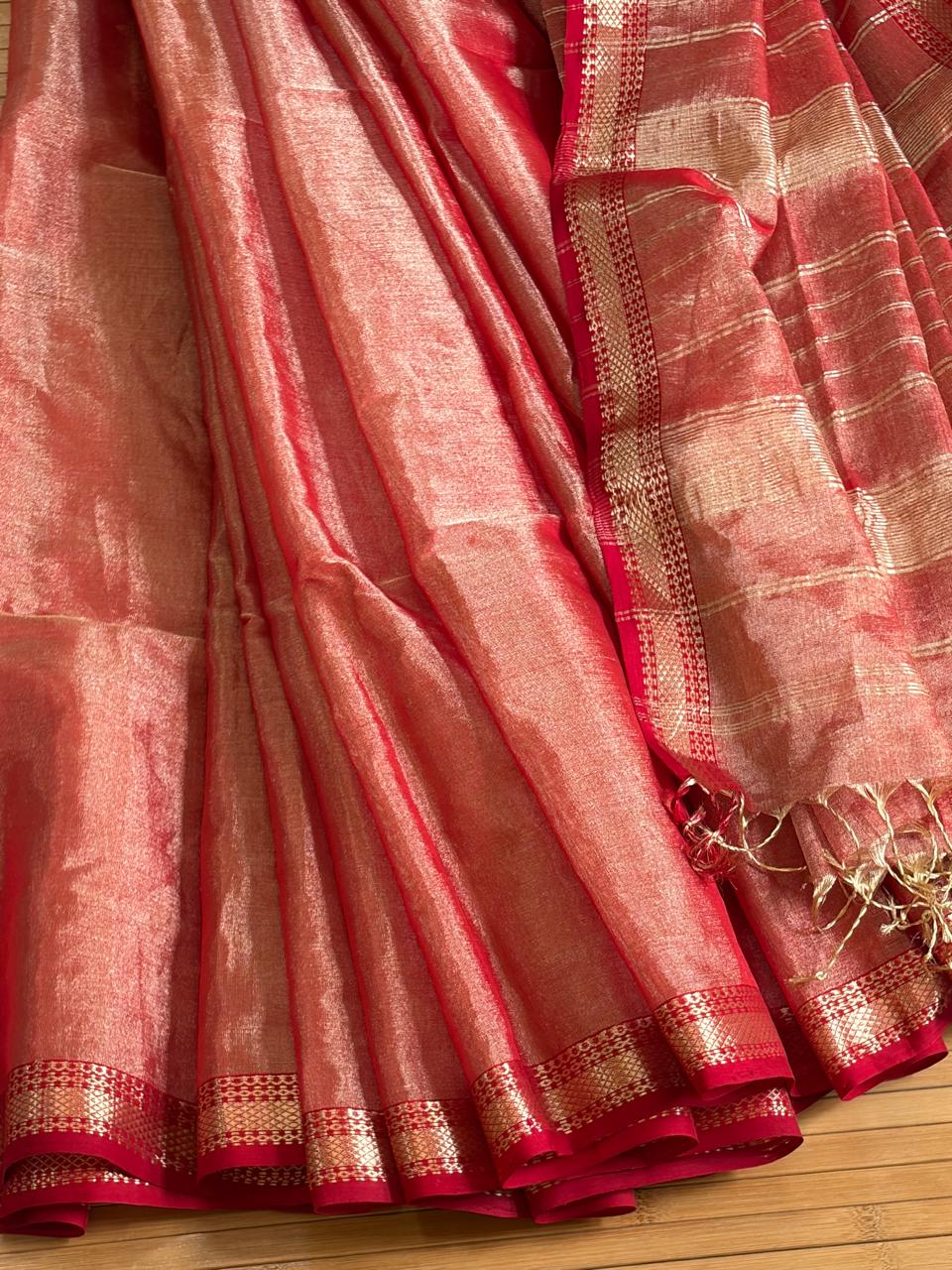 Ruhani Coral Pink and Rose-Gold Handwoven Maheshwari Tissue Saree