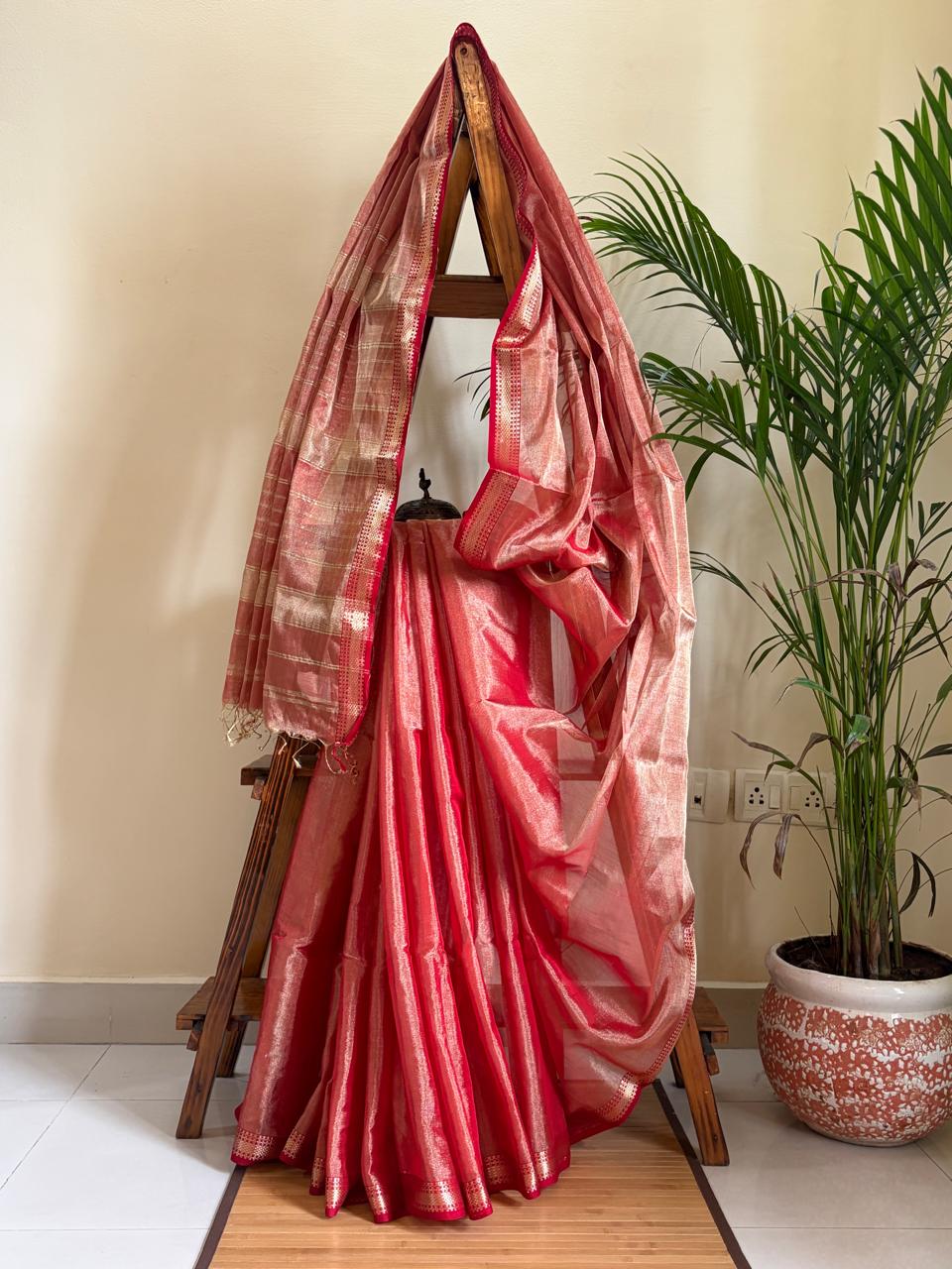 Ruhani Coral Pink and Rose-Gold Handwoven Maheshwari Tissue Saree