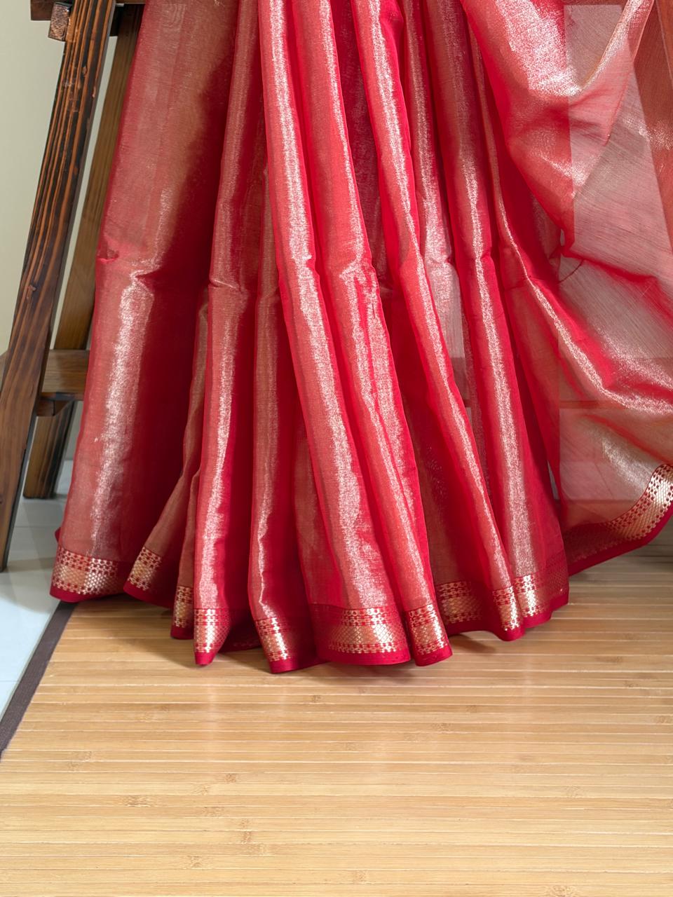 Ruhani Coral Pink and Rose-Gold Handwoven Maheshwari Tissue Saree
