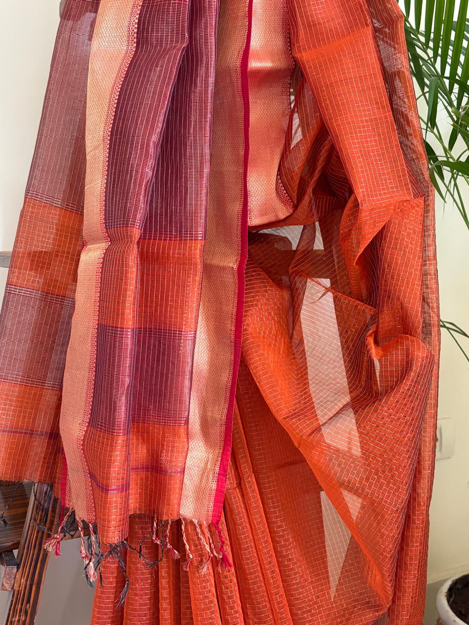 Rust Orange  Rani Pink Maheshwari Handloom Saree