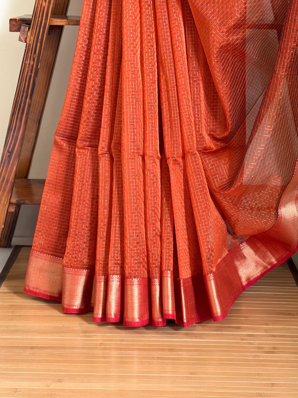 Rust Orange  Rani Pink Maheshwari Handloom Saree