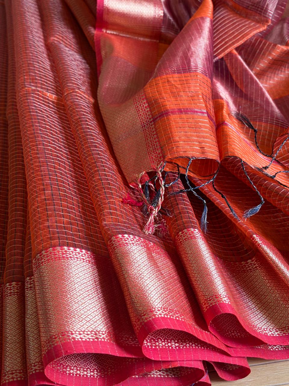 Rust Orange  Rani Pink Maheshwari Handloom Saree