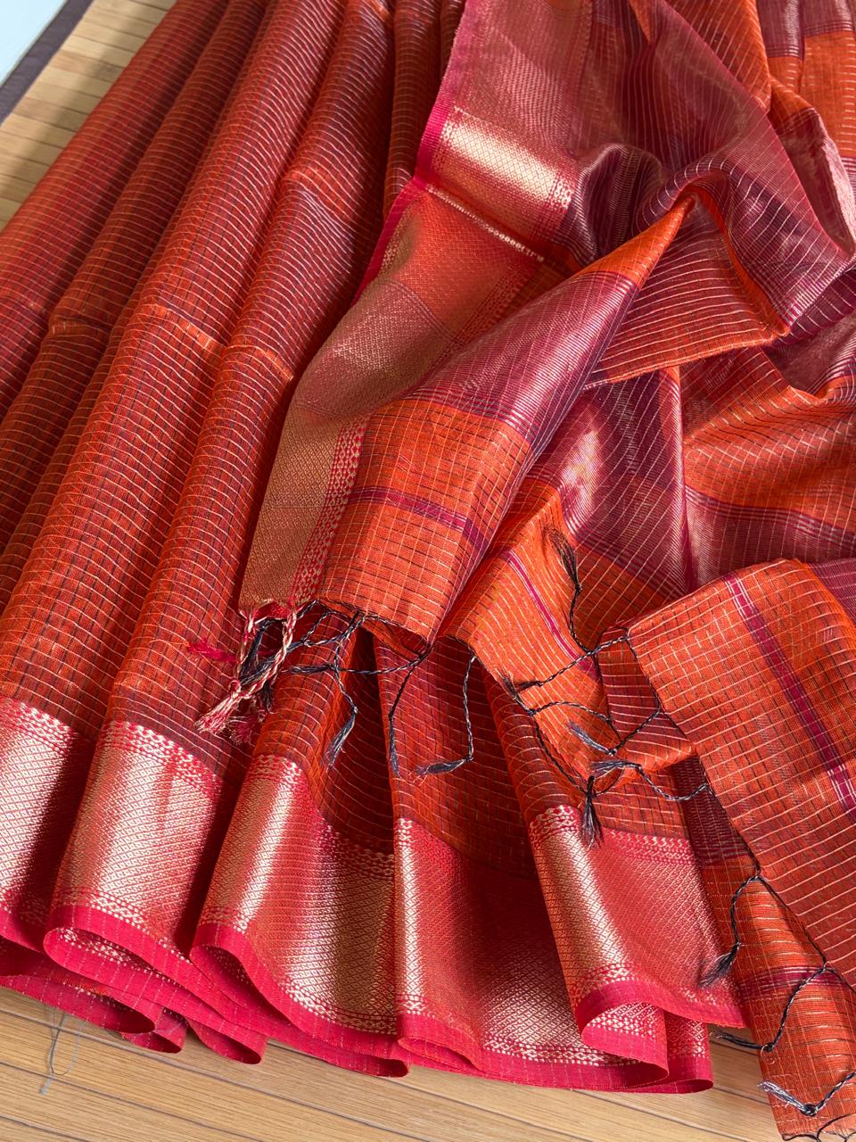 Rust Orange  Rani Pink Maheshwari Handloom Saree