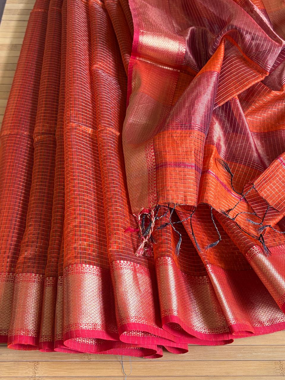 Rust Orange  Rani Pink Maheshwari Handloom Saree