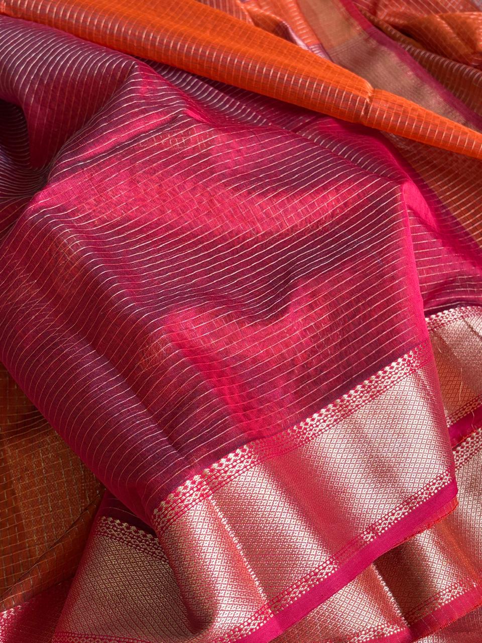 Rust Orange  Rani Pink Maheshwari Handloom Saree