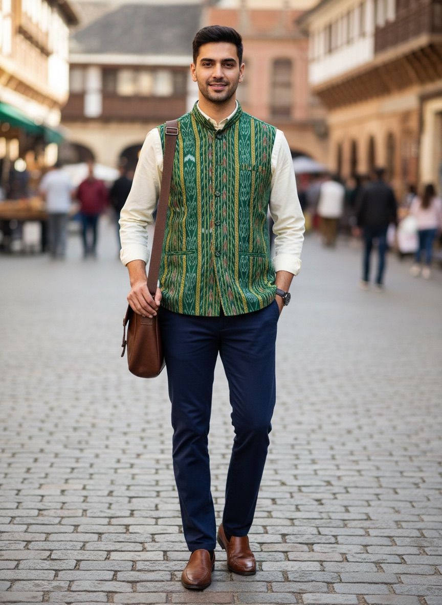 Sambalpuri Ikat Fusion Jacket - Modern Menswear - Green