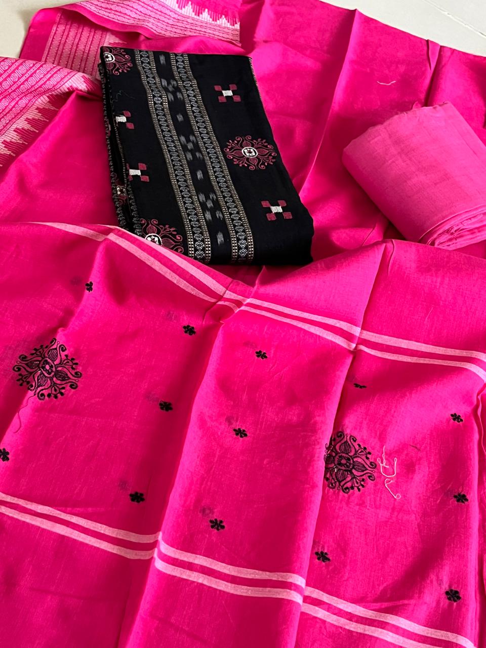 Pure Cotton Sambhalpuri Weave 3 Piece Suit - Black Pink