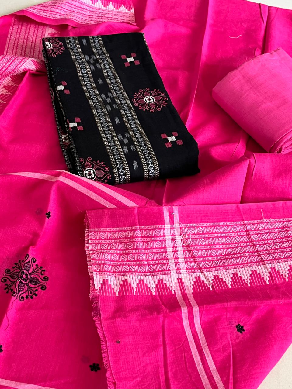 Pure Cotton Sambhalpuri Weave 3 Piece Suit - Black Pink
