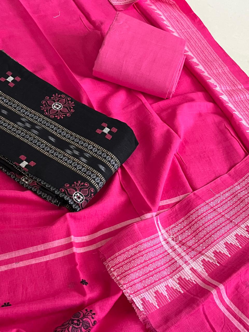 Pure Cotton Sambhalpuri Weave 3 Piece Suit - Black Pink
