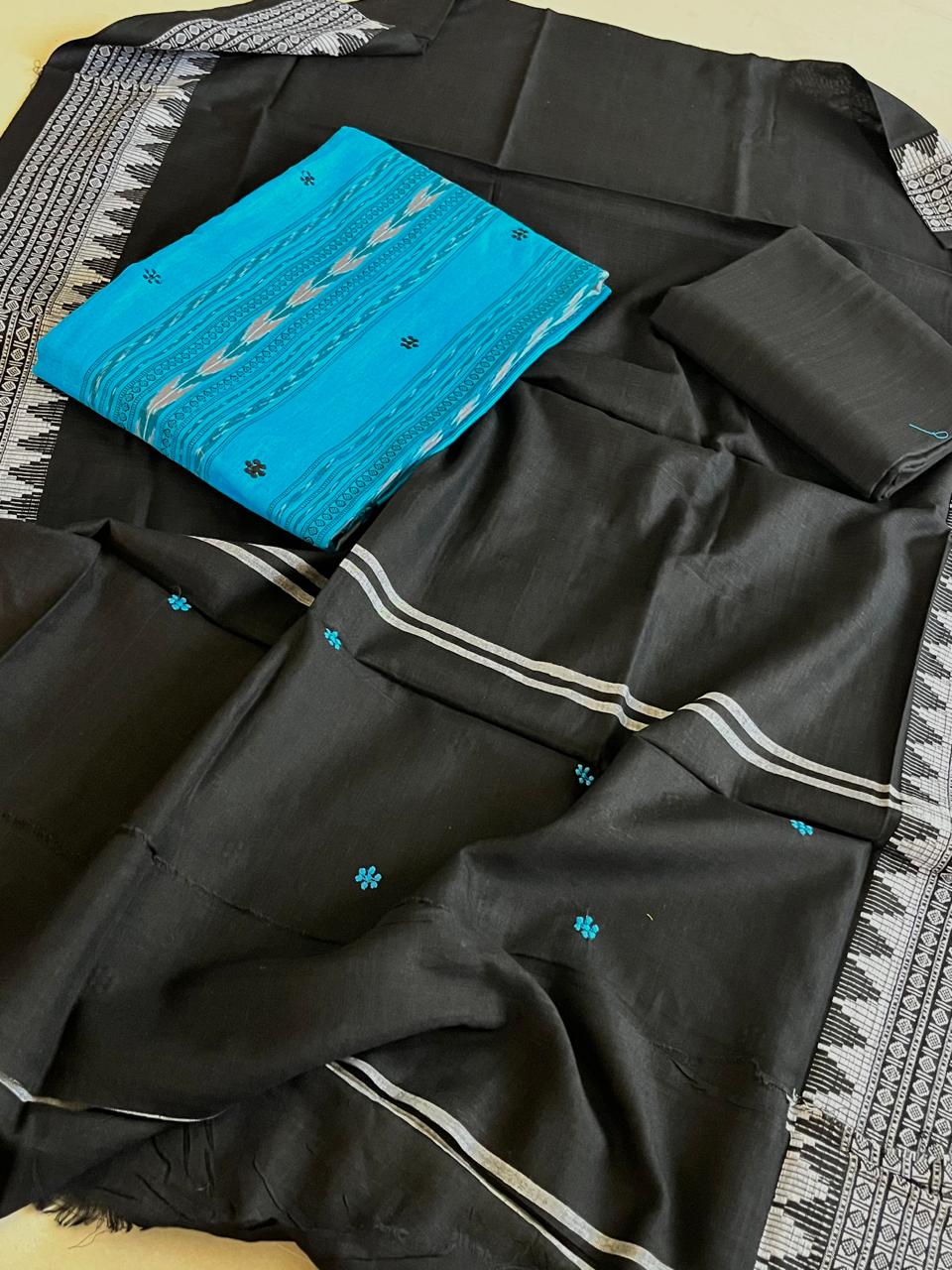 Pure Cotton Sambhalpuri Weave 3 Piece Suit - Blue Black