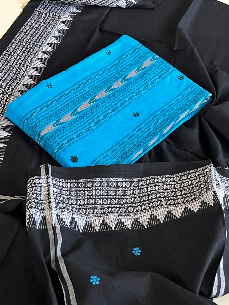 Pure Cotton Sambhalpuri Weave 3 Piece Suit - Blue Black