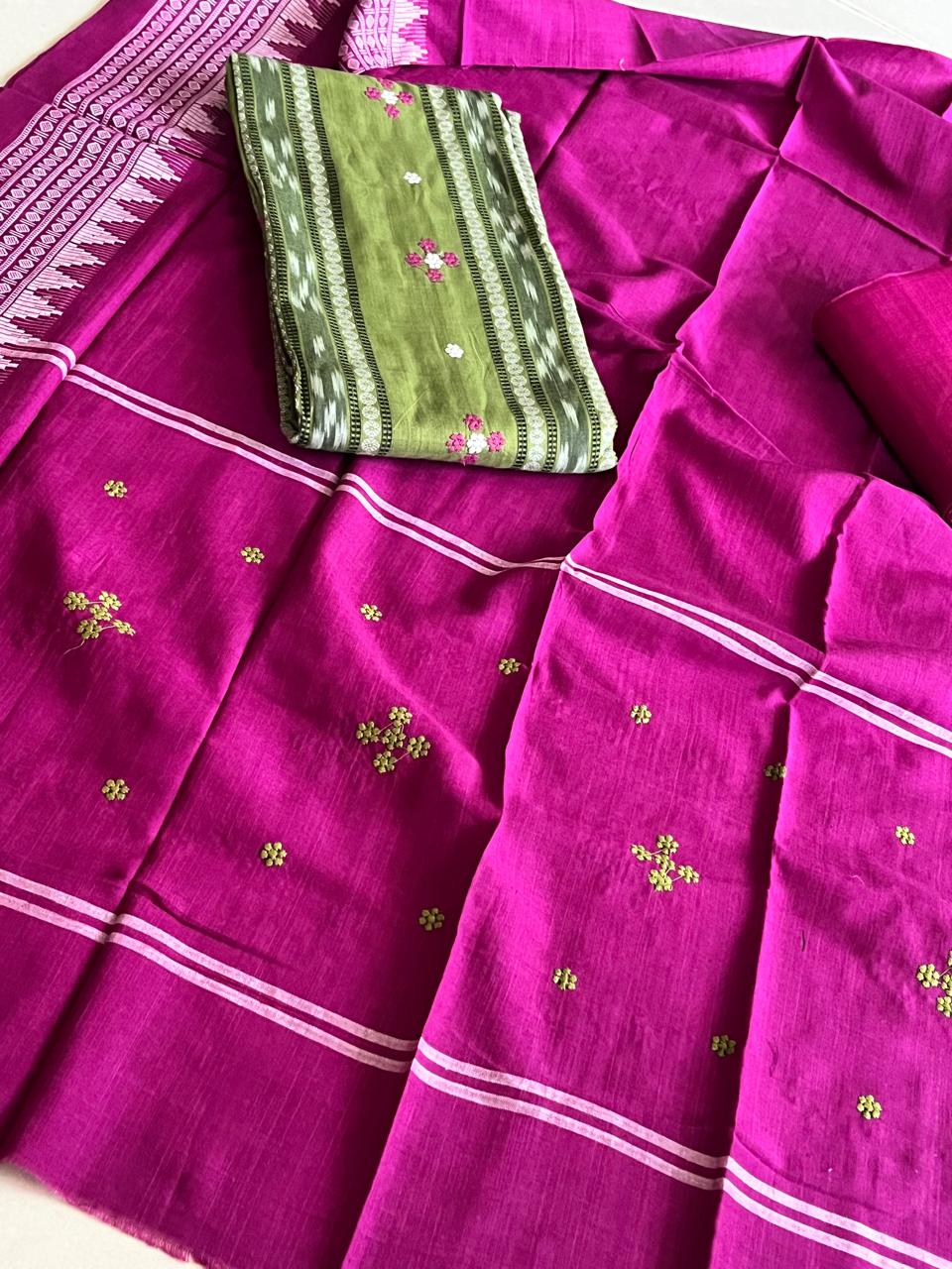 Pure Cotton Sambhalpuri Weave 3 Piece Suit - Green Purple