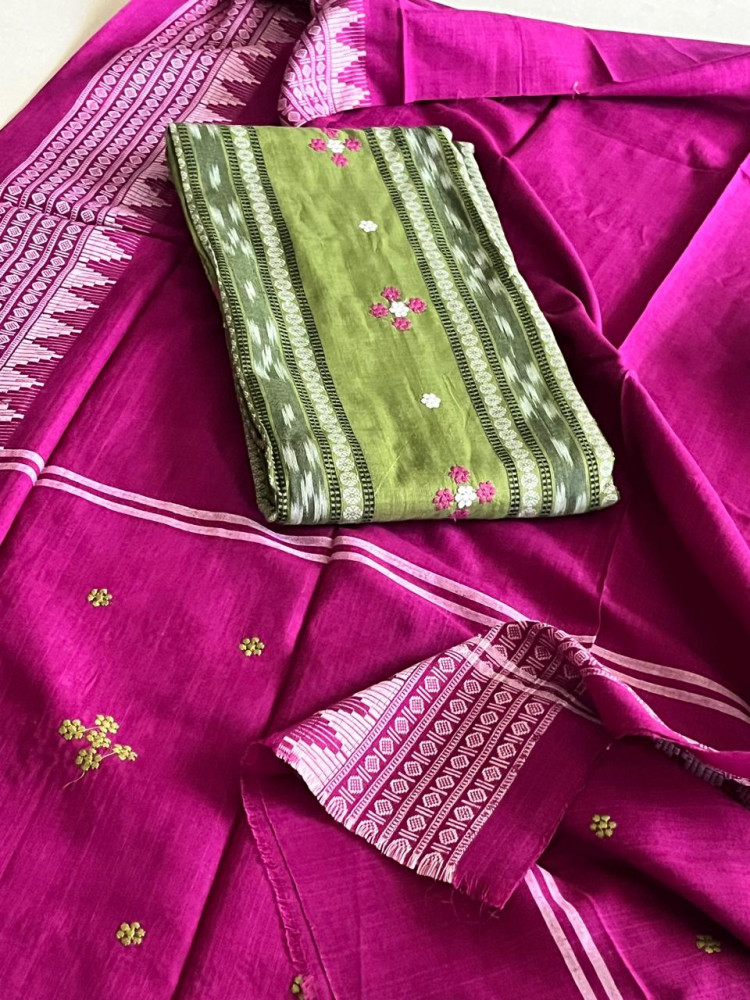 Image of Pure Cotton Sambhalpuri Weave 3 Piece Suit - Green Purple
