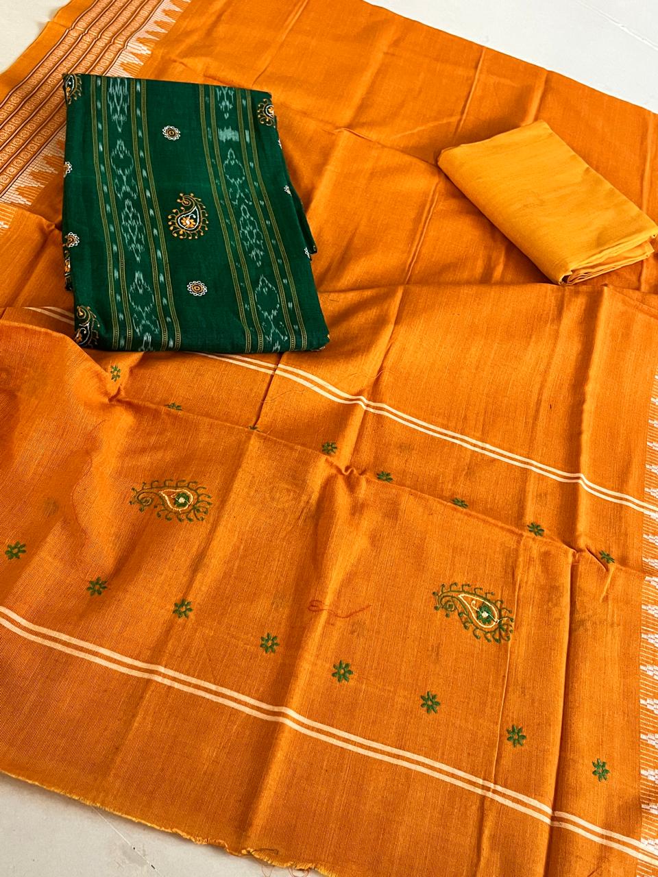 Pure Cotton Sambhalpuri Weave 3 Piece Suit - Green Yellow