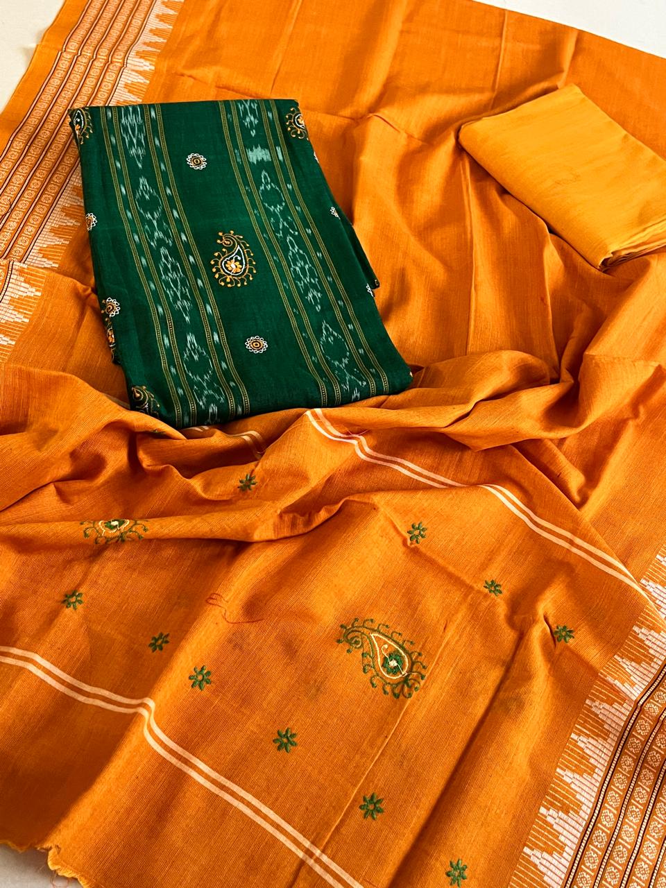 Pure Cotton Sambhalpuri Weave 3 Piece Suit - Green Yellow
