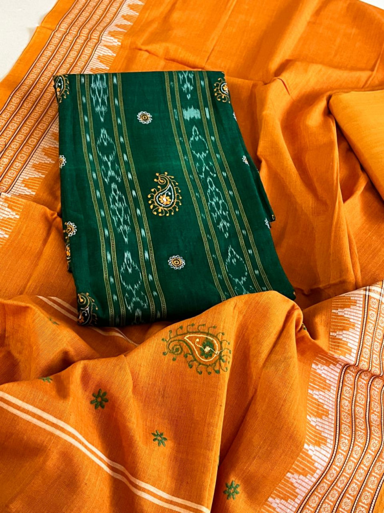Image of Pure Cotton Sambhalpuri Weave 3 Piece Suit - Green Yellow
