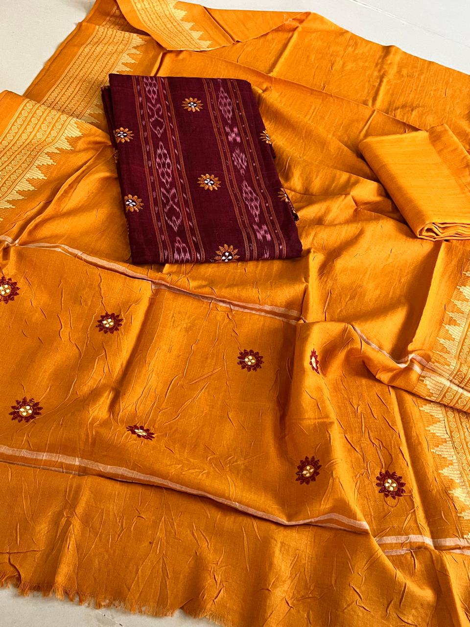 Pure Cotton Sambhalpuri Weave 3 Piece Suit - Maroon Yellow