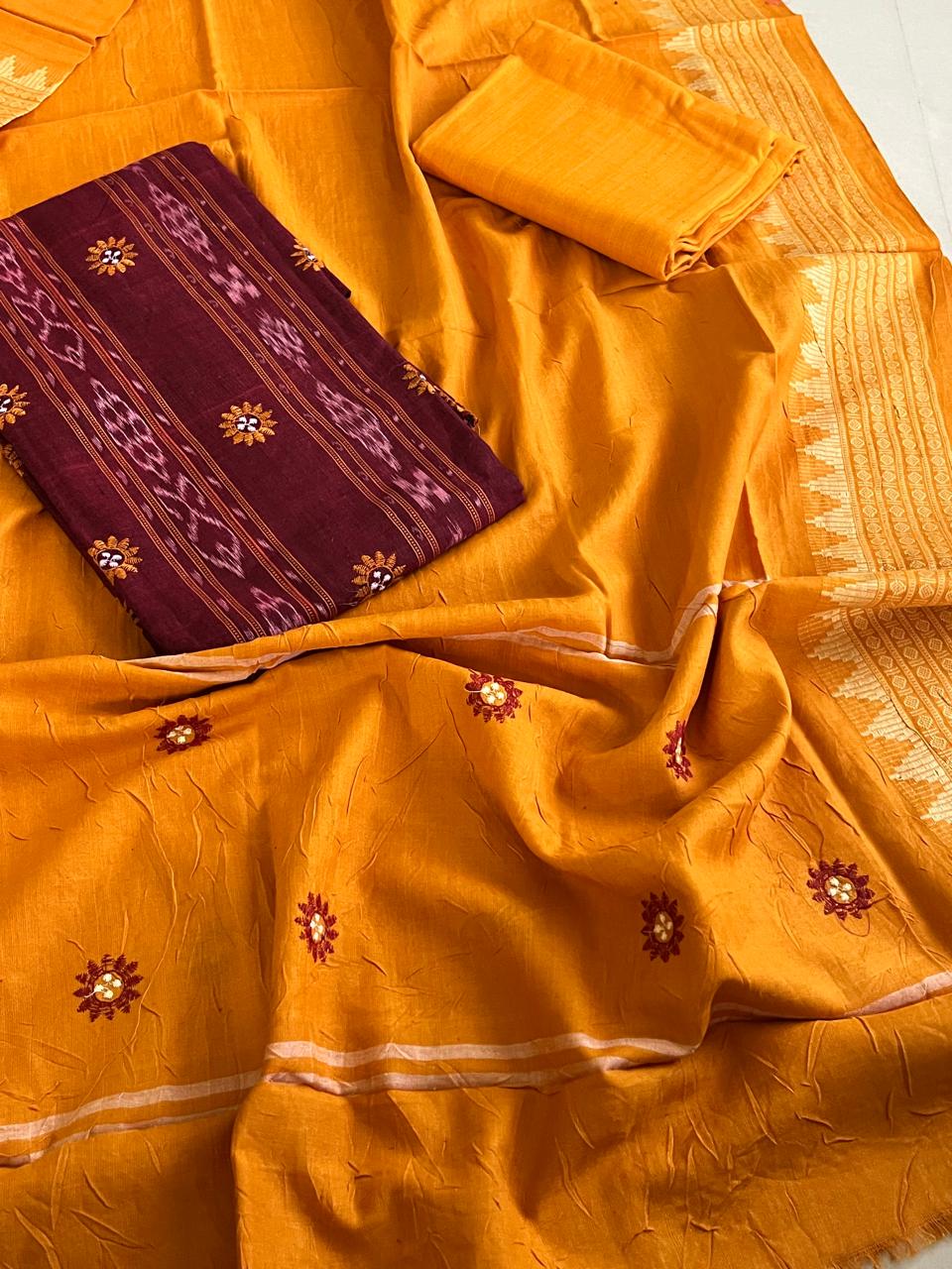 Pure Cotton Sambhalpuri Weave 3 Piece Suit - Maroon Yellow