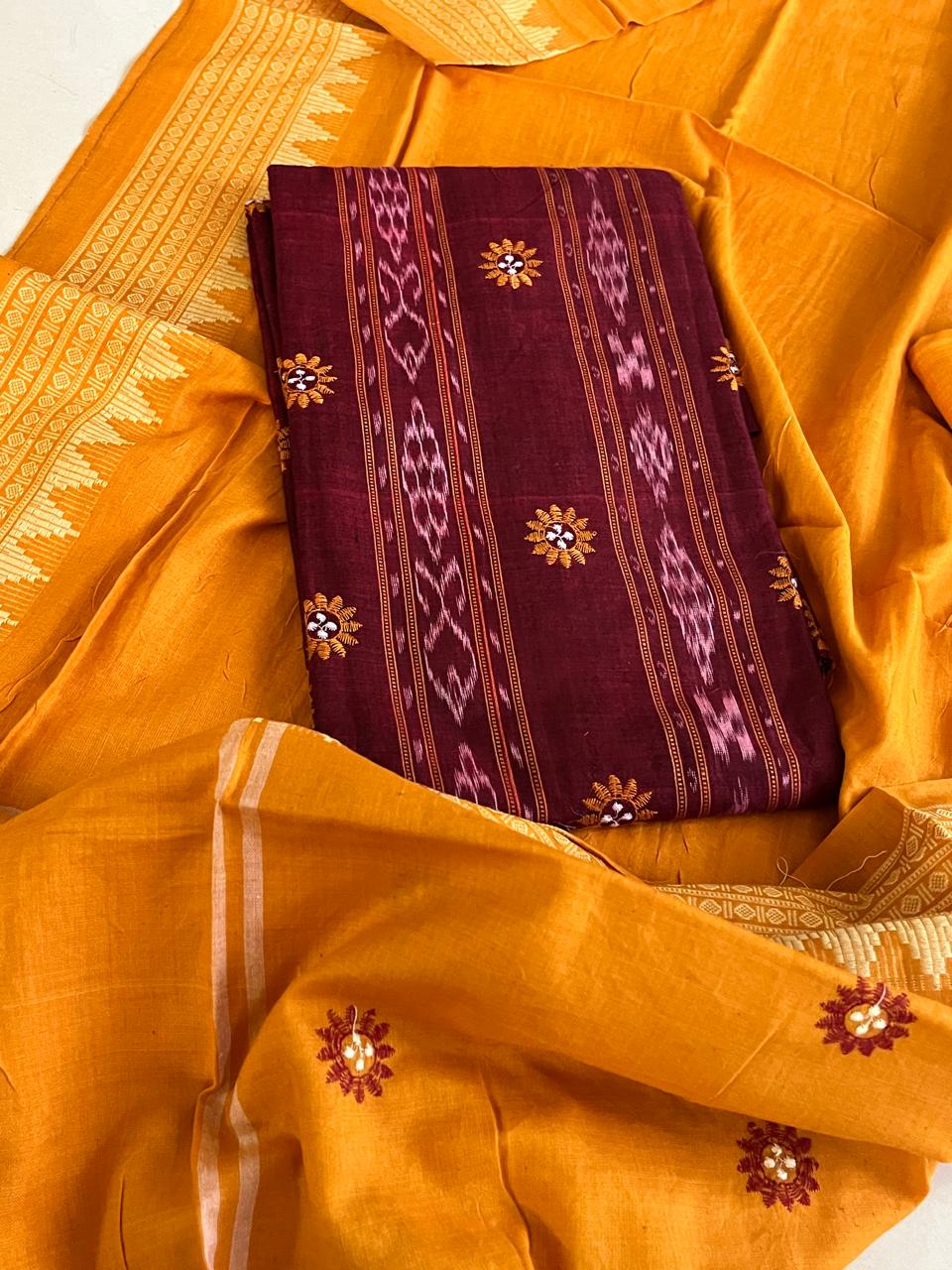 Pure Cotton Sambhalpuri Weave 3 Piece Suit - Maroon Yellow