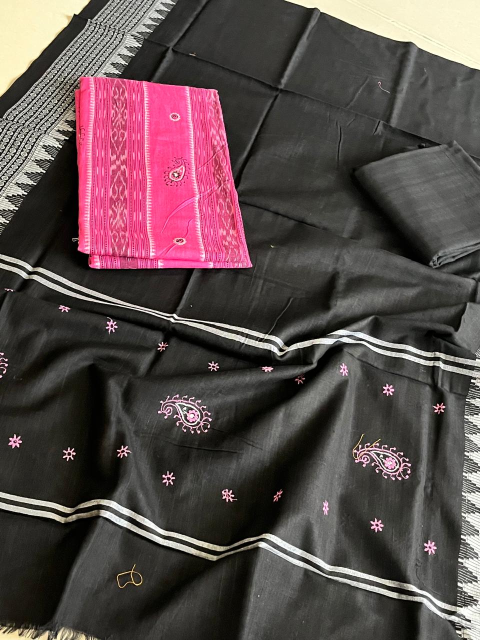 Pure Cotton Sambhalpuri Weave 3 Piece Suit - Pink Black