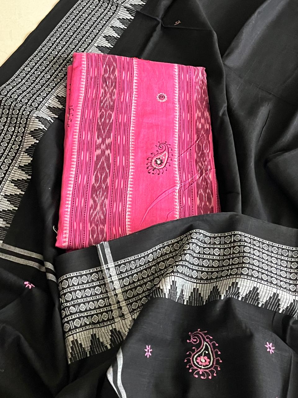 Pure Cotton Sambhalpuri Weave 3 Piece Suit - Pink Black