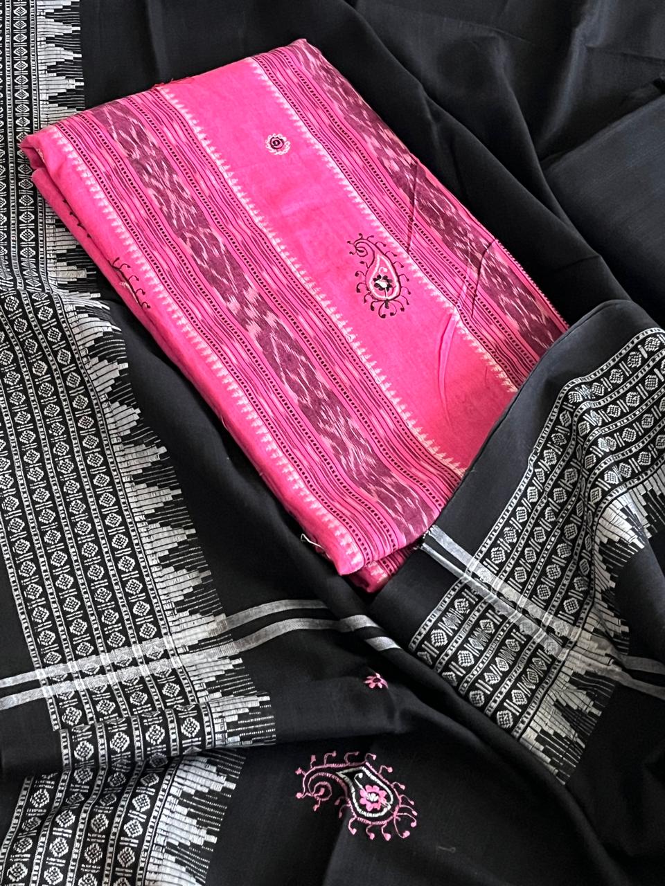 Pure Cotton Sambhalpuri Weave 3 Piece Suit - Pink Black