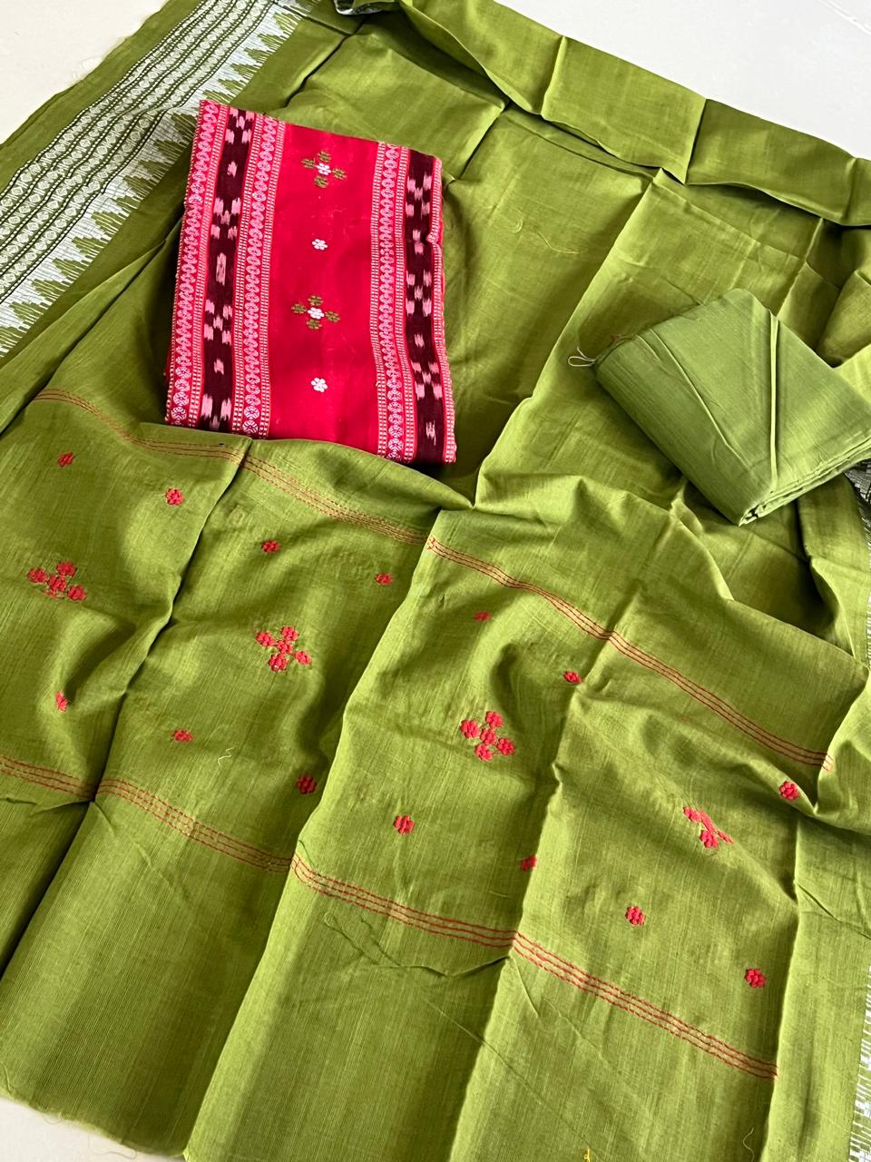 Pure Cotton Sambhalpuri Weave 3 Piece Suit - Red Green