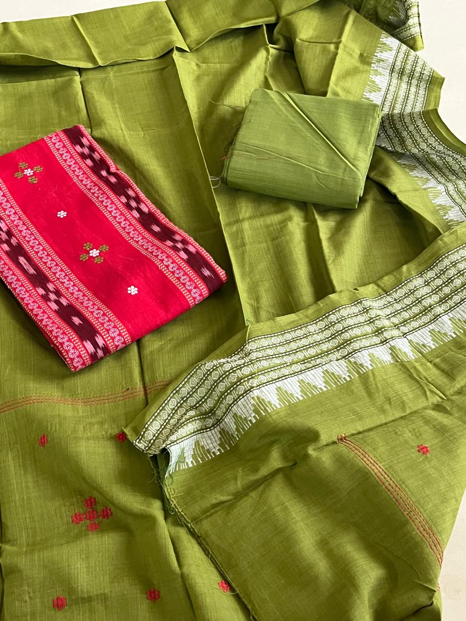 Pure Cotton Sambhalpuri Weave 3 Piece Suit - Red Green