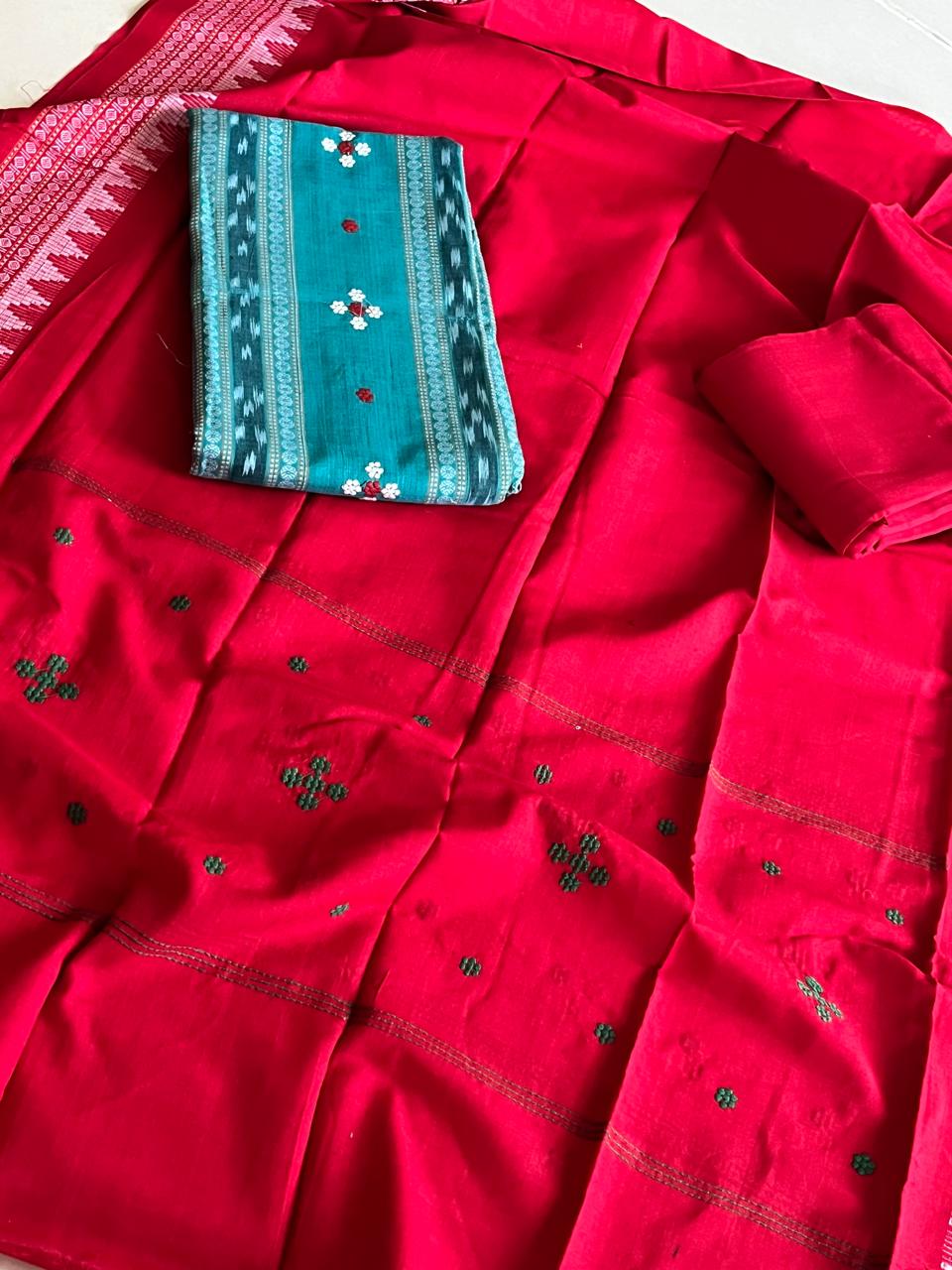 Pure Cotton Sambhalpuri Weave 3 Piece Suit - Sea Green Red