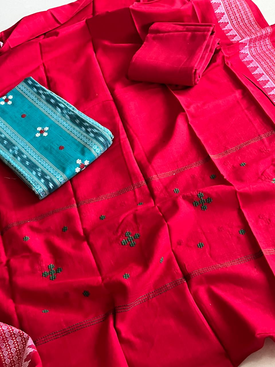 Pure Cotton Sambhalpuri Weave 3 Piece Suit - Sea Green Red