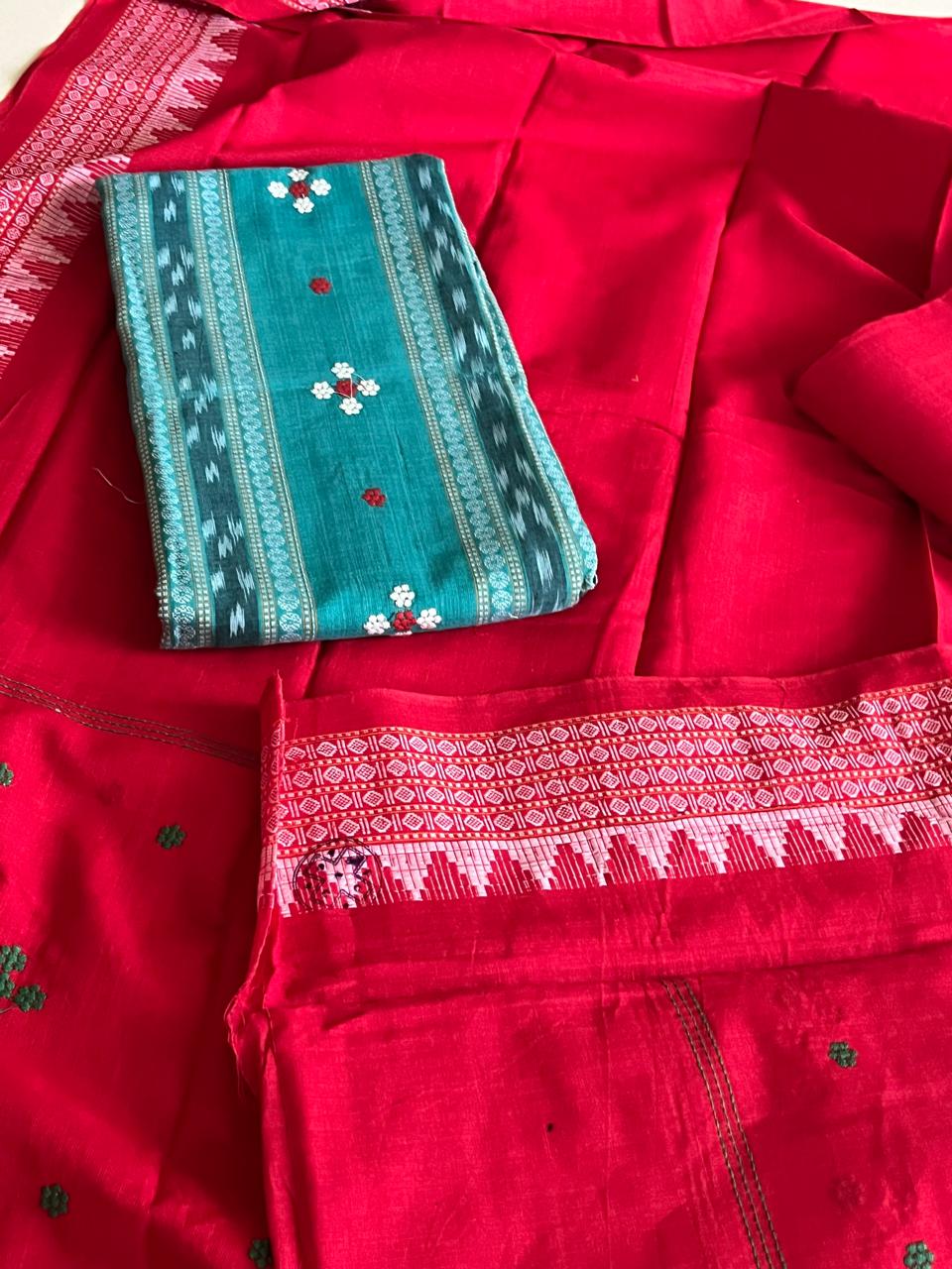 Pure Cotton Sambhalpuri Weave 3 Piece Suit - Sea Green Red