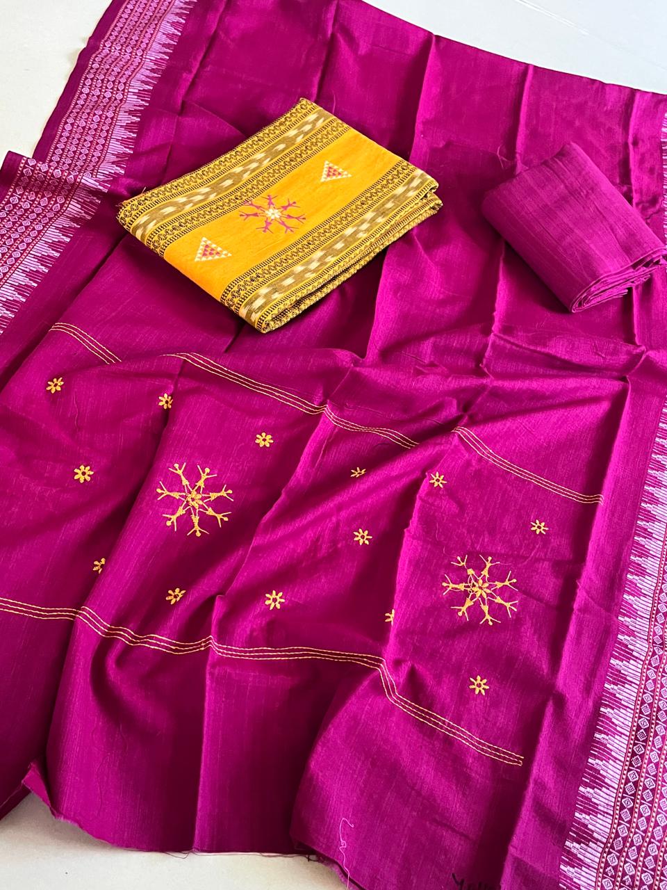 Pure Cotton Sambhalpuri Weave 3 Piece Suit - Yellow Pink