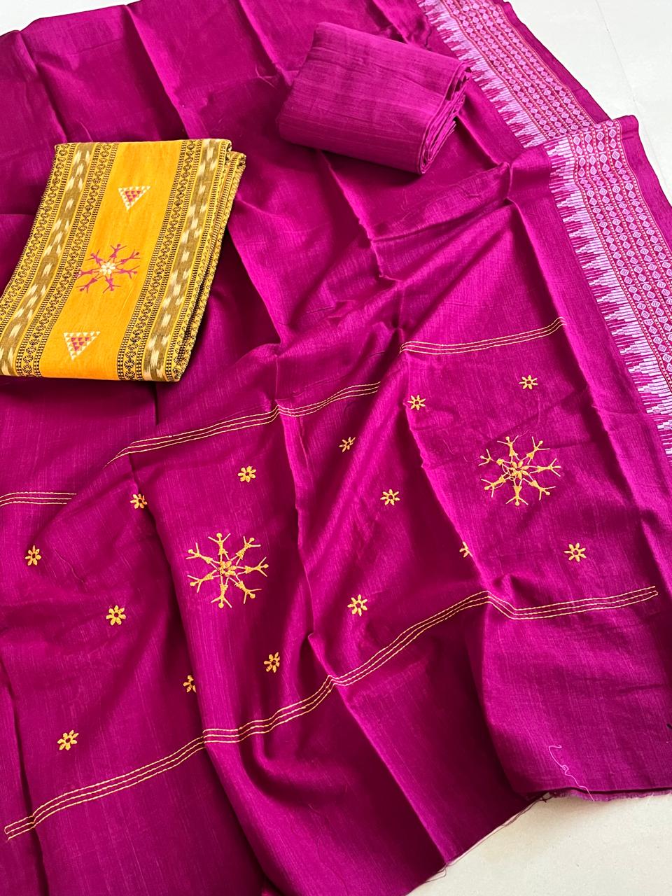 Pure Cotton Sambhalpuri Weave 3 Piece Suit - Yellow Pink