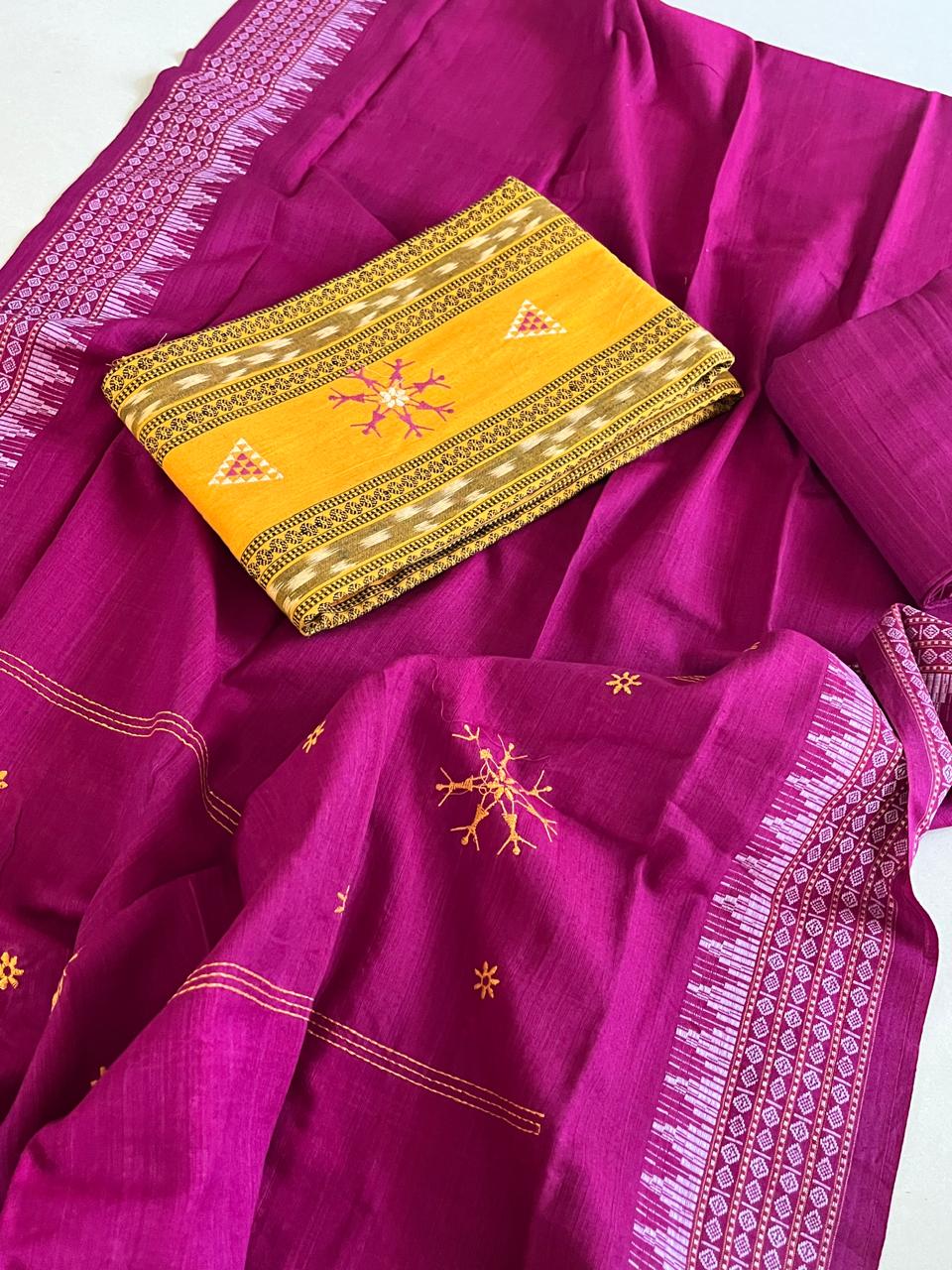 Pure Cotton Sambhalpuri Weave 3 Piece Suit - Yellow Pink