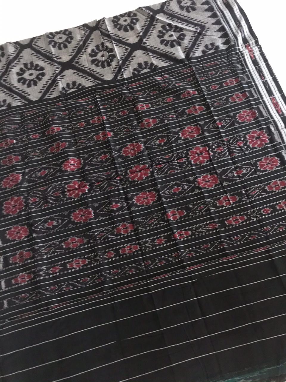 Sambhalpuri Grey-Black Pure Cotton Handwoven Saree