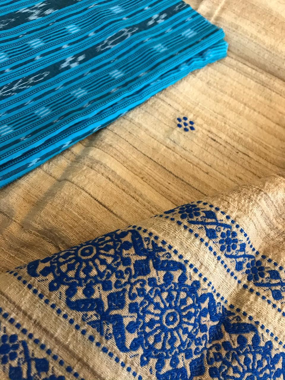 Sambhalpuri Handwoven Kurta with Tussar Silk Handwoven Dupatta - Blue