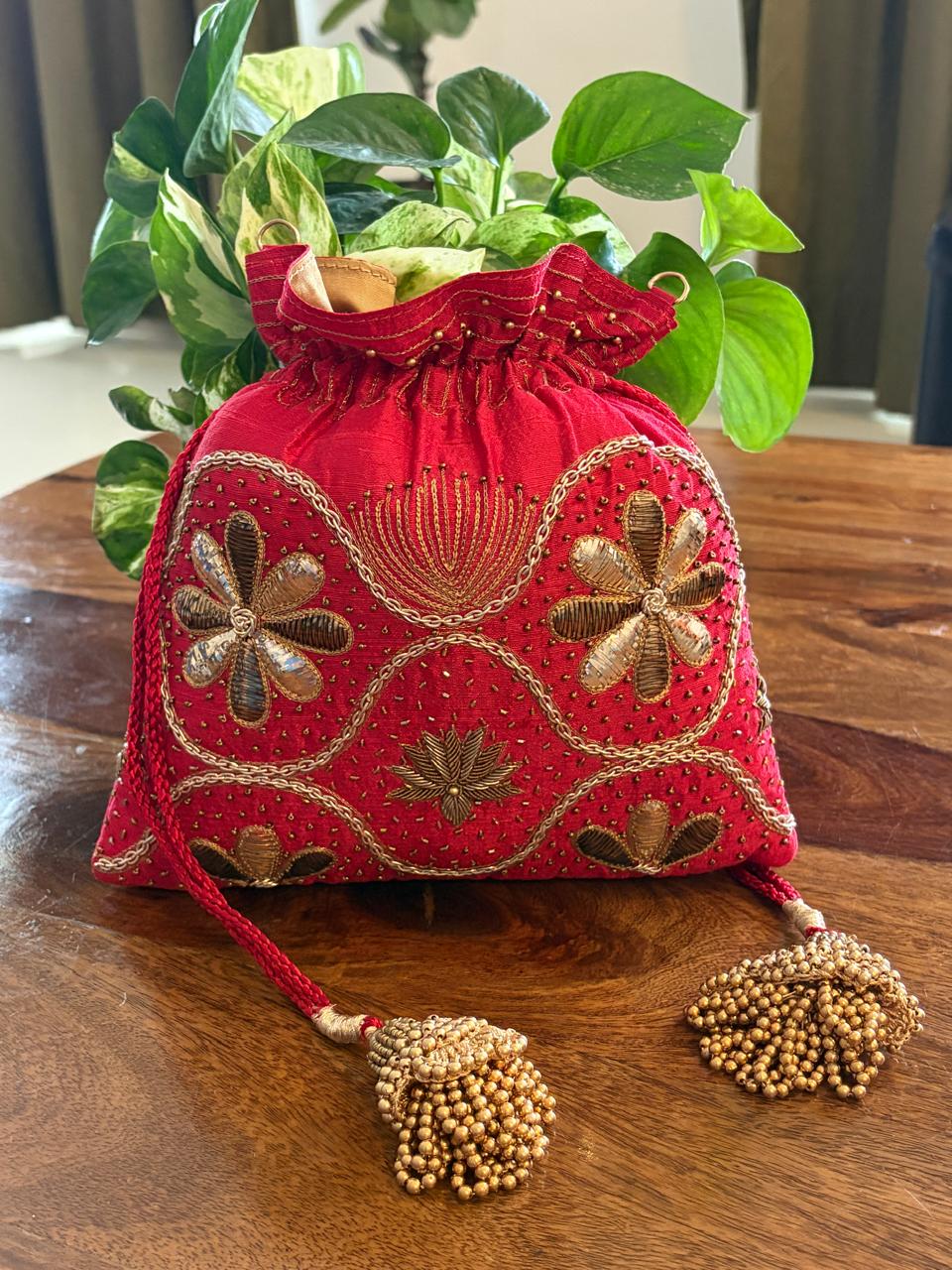 Sindoor Red Floral Zardozi and Kamdani Potli