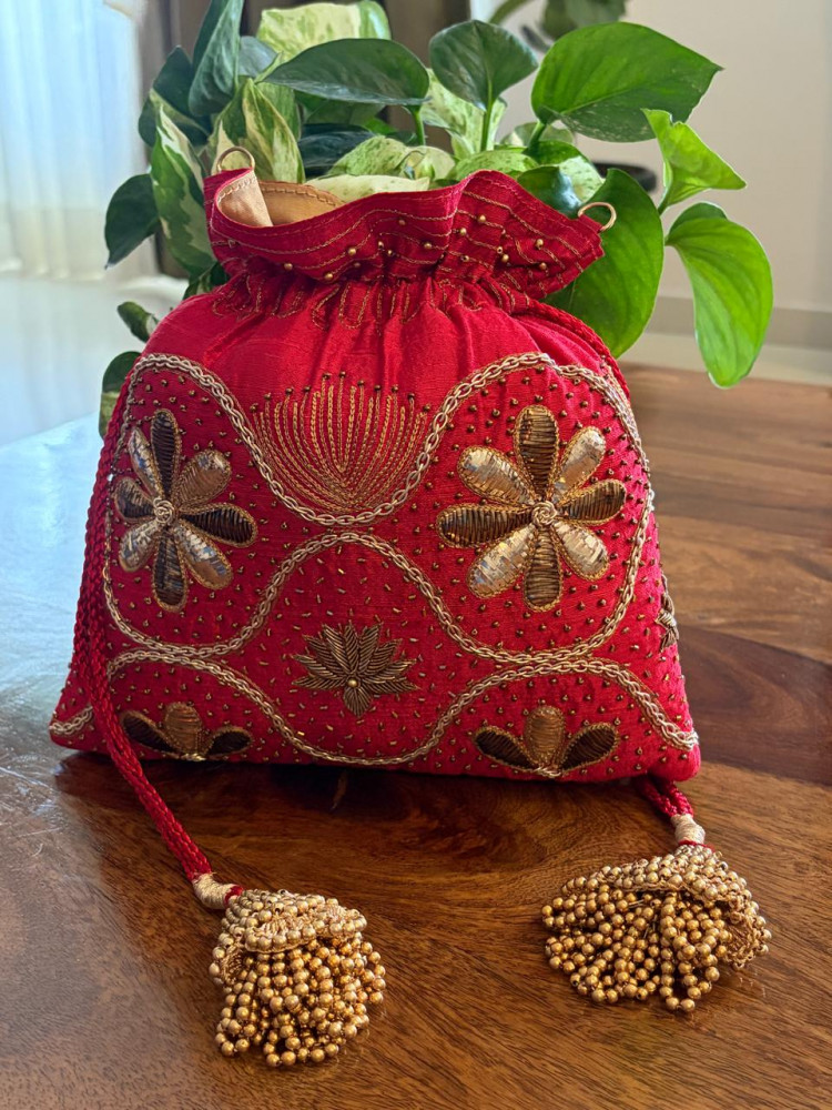 Image of Sindoor Red Floral Zardozi and Kamdani Potli