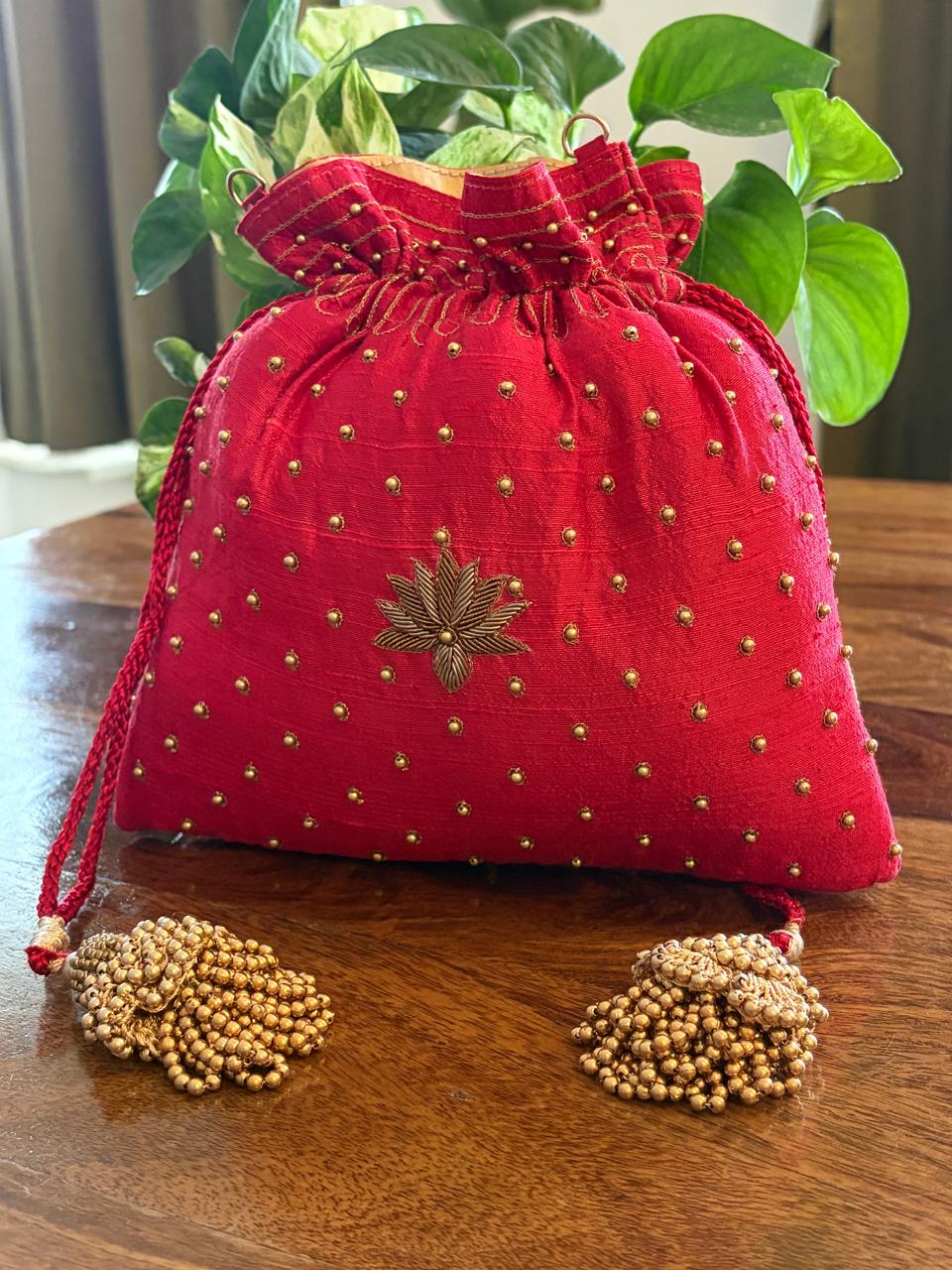 Sindoor Red Floral Zardozi and Kamdani Potli