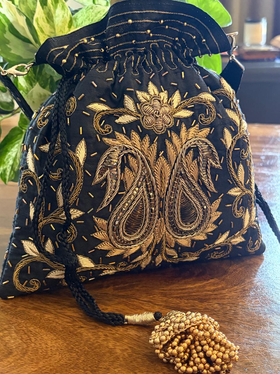 Siyahi Black Paisley Zardozi and Kamdani Potli