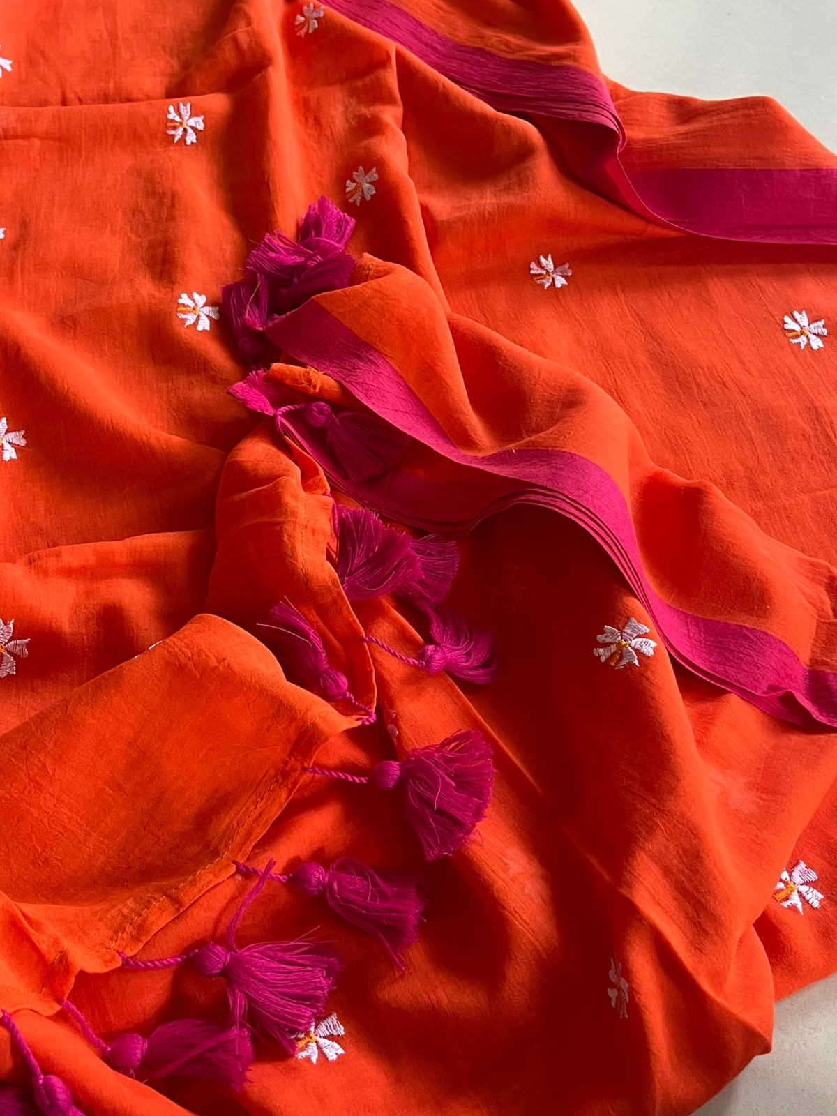Soft and comfortable Pure Mul Mul Sarees with embroidered Flowers - Orange